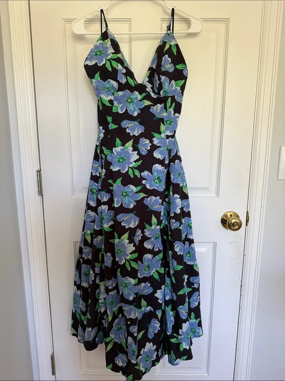 Free People Black Midi Dress with Blue Floral Print